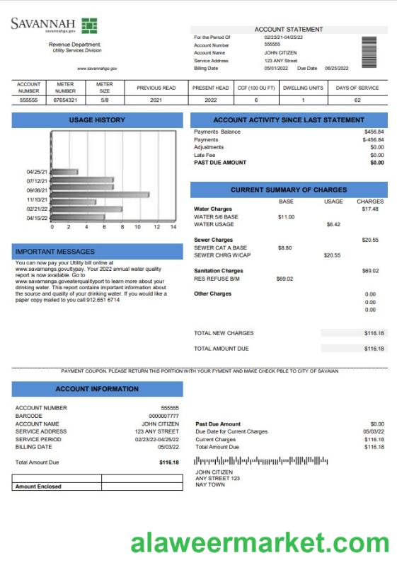 USA Georgia Savannah utility bill template in Word and PDF format